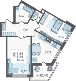 Квартира 65,1 м², 2-комнатная - изображение 1