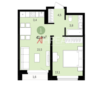 Квартира 41,9 м², 1-комнатная - изображение 2