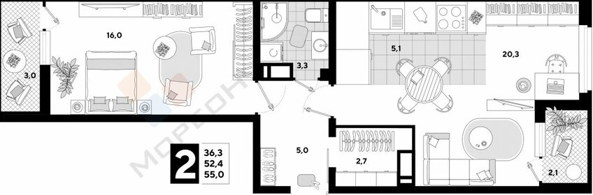 Квартира 52,5 м², 2-комнатная - изображение 1