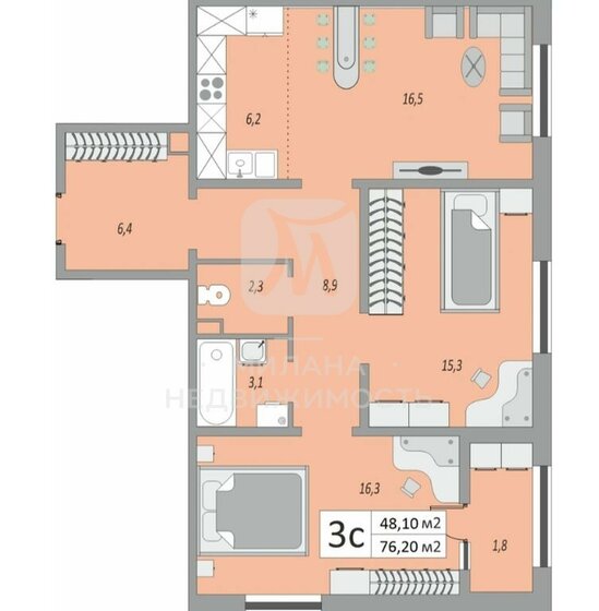 76,2 м², 3-комнатная квартира 4 572 000 ₽ - изображение 1