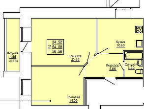 56,6 м², 2-комнатная квартира 5 984 000 ₽ - изображение 1