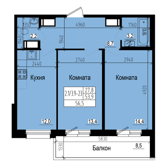 56,5 м², 2-комнатная квартира 12 440 885 ₽ - изображение 1