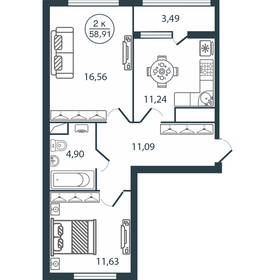 Квартира 58,9 м², 2-комнатная - изображение 1