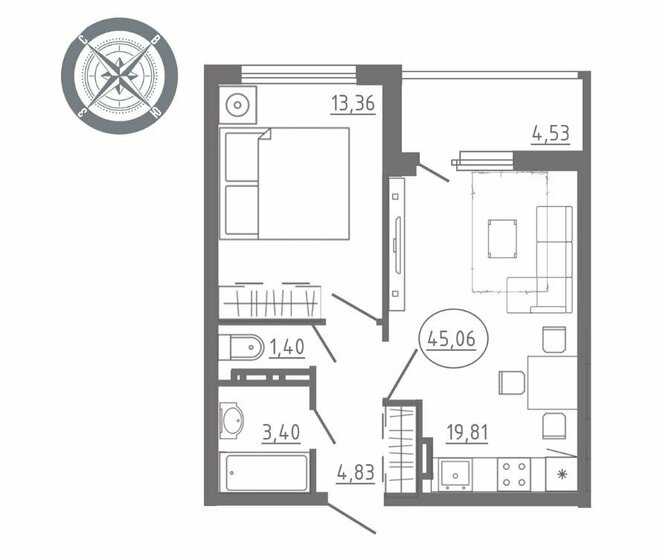 45,1 м², 2-комнатная квартира 5 300 000 ₽ - изображение 1