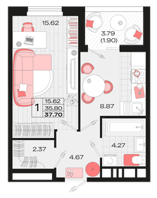 Квартира 37,7 м², 1-комнатная - изображение 1