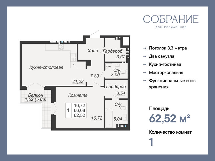 62,5 м², 1-комнатная квартира 25 008 000 ₽ - изображение 1