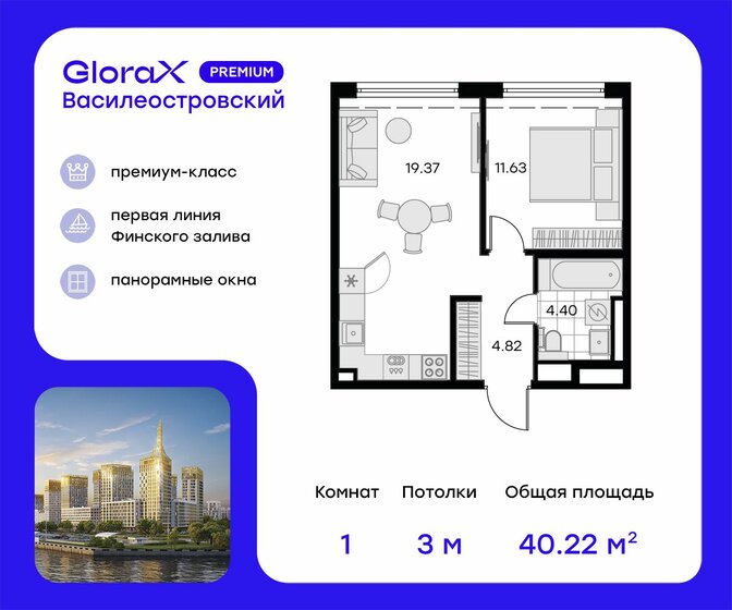 40,2 м², 1-комнатная квартира 14 129 411 ₽ - изображение 1