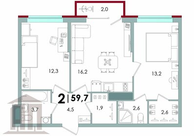 Квартира 59,7 м², 2-комнатная - изображение 1