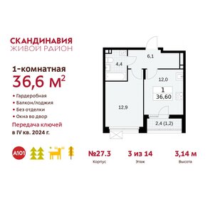 Квартира 36,6 м², 1-комнатная - изображение 1