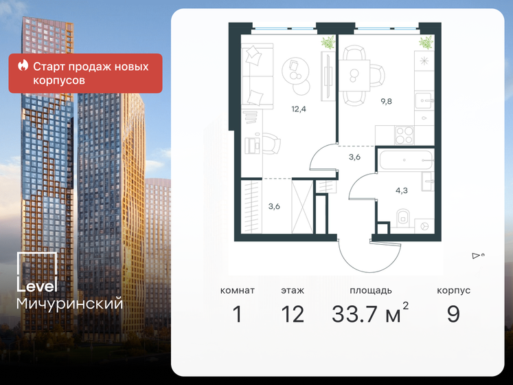 33,7 м², 1-комнатная квартира 18 447 016 ₽ - изображение 1