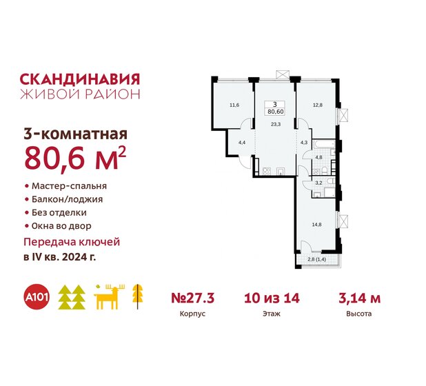 80,6 м², 3-комнатная квартира 19 935 906 ₽ - изображение 37