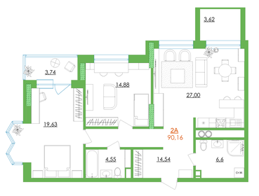 Квартира 90,2 м², 2-комнатная - изображение 1