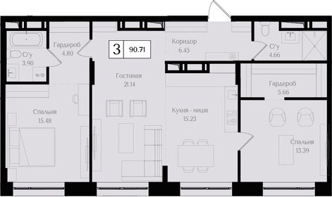 Квартира 90,7 м², 3-комнатная - изображение 1