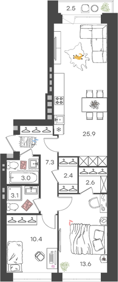 69,6 м², 2-комнатная квартира 9 015 984 ₽ - изображение 1