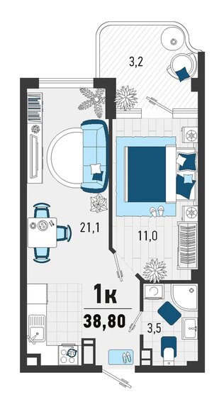 38,8 м², 1-комнатная квартира 11 300 000 ₽ - изображение 1