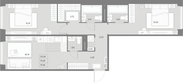 Квартира 74,7 м², 2-комнатная - изображение 1