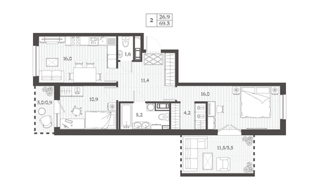 Квартира 69,3 м², 2-комнатная - изображение 1