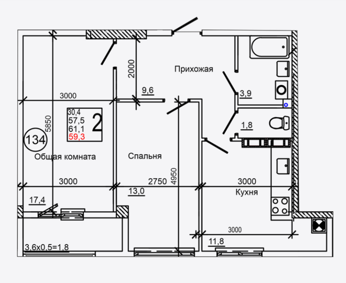 59,3 м², 2-комнатная квартира 6 760 200 ₽ - изображение 1