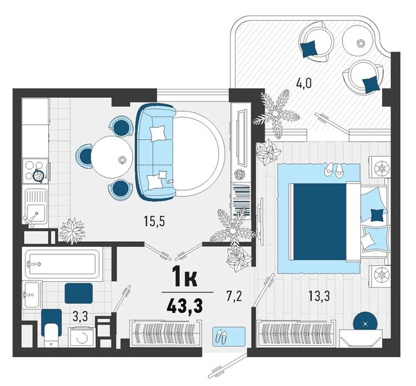 43,3 м², 1-комнатная квартира 11 800 000 ₽ - изображение 1