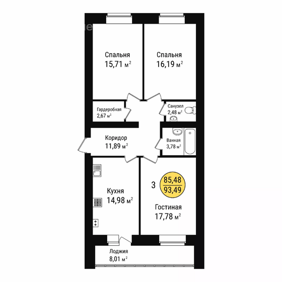 93,5 м², 3-комнатная квартира 7 900 000 ₽ - изображение 1