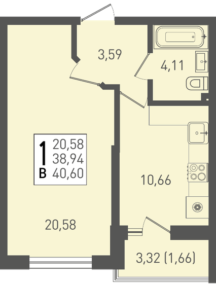 40,6 м², 1-комнатная квартира 5 115 600 ₽ - изображение 1