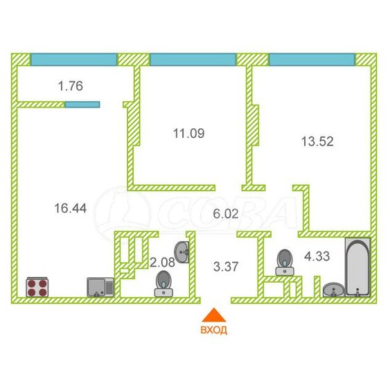 58 м², 2-комнатная квартира 7 899 000 ₽ - изображение 1