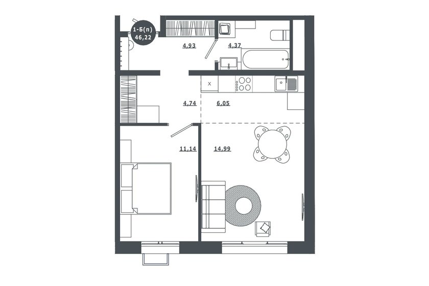 46,3 м², 1-комнатная квартира 5 950 000 ₽ - изображение 1