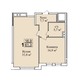 Квартира 61,3 м², 1-комнатная - изображение 1