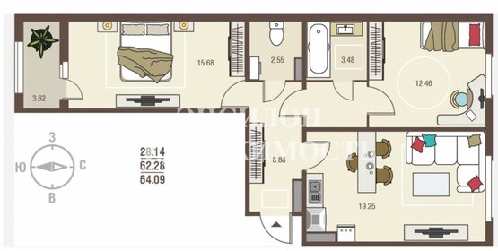 64,1 м², 2-комнатная квартира 5 383 560 ₽ - изображение 1
