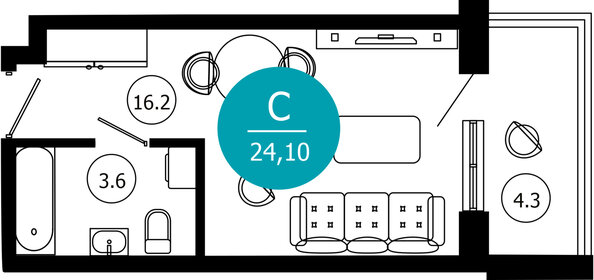 Квартира 24,1 м², 1-комнатные - изображение 1