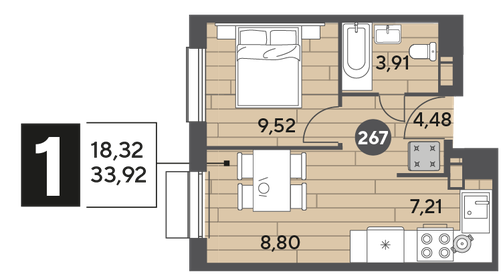 Квартира 33,9 м², 1-комнатная - изображение 1