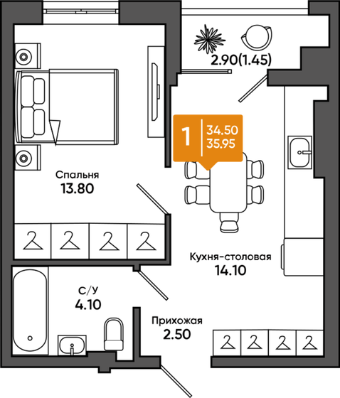 36 м², 1-комнатная квартира 3 954 500 ₽ - изображение 1