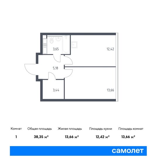 38,4 м², 1-комнатные апартаменты 16 650 994 ₽ - изображение 1