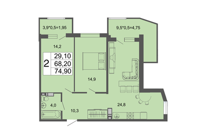 Квартира 68 м², 2-комнатная - изображение 1