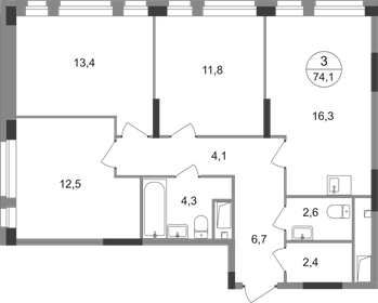 Квартира 74,1 м², 3-комнатная - изображение 1