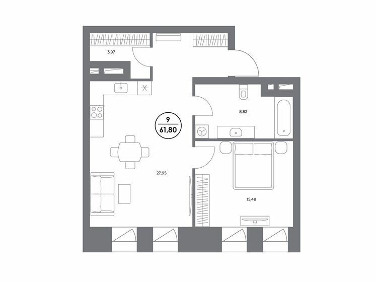 61,8 м², 1-комнатные апартаменты 93 256 200 ₽ - изображение 1