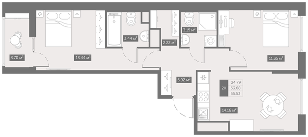 Квартира 55,5 м², 2-комнатная - изображение 1