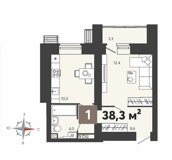 38,3 м², 1-комнатная квартира 4 115 800 ₽ - изображение 1