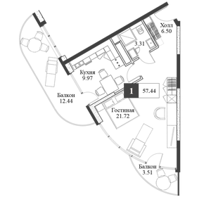 Квартира 57,4 м², 1-комнатная - изображение 1