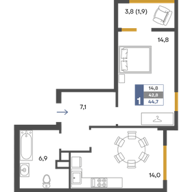 Квартира 44,7 м², 1-комнатная - изображение 1