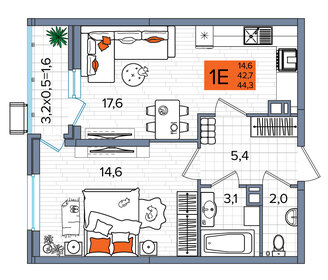 Квартира 44,3 м², 1-комнатная - изображение 1