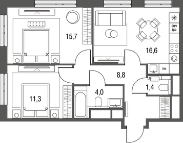 Квартира 59,6 м², 3-комнатная - изображение 1