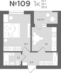 Квартира 33,1 м², 1-комнатная - изображение 1