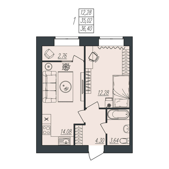 36,4 м², 1-комнатная квартира 3 487 120 ₽ - изображение 1