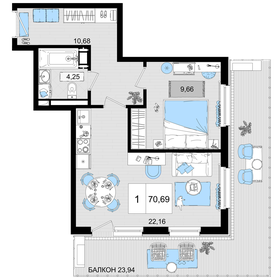 Квартира 70,7 м², 1-комнатные - изображение 1