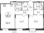 Квартира 68,6 м², 2-комнатная - изображение 1