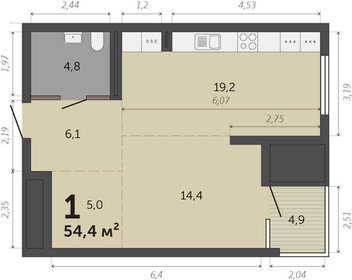 Квартира 54,4 м², 1-комнатные - изображение 1