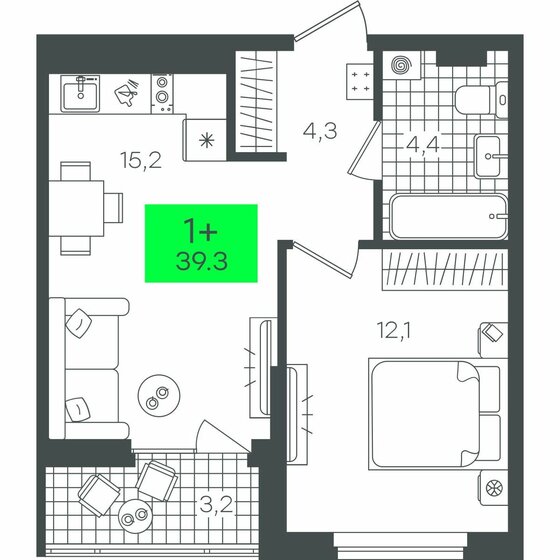 39,4 м², 1-комнатная квартира 5 070 000 ₽ - изображение 18