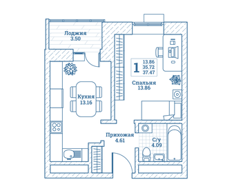 Квартира 37,5 м², 1-комнатная - изображение 1