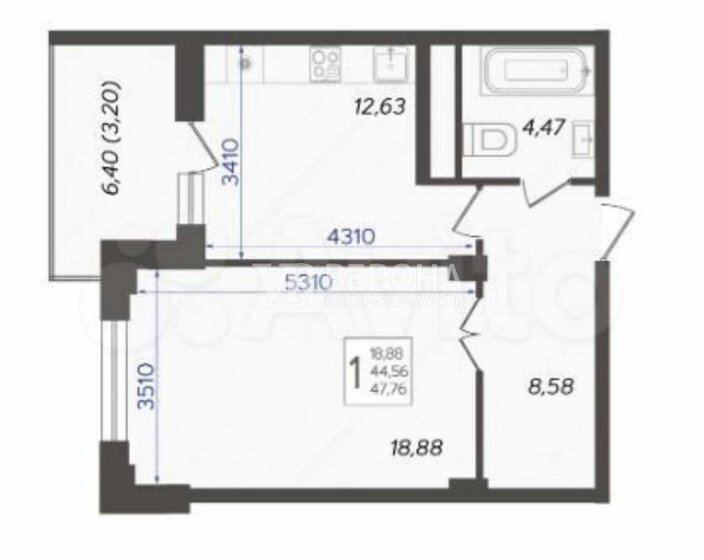 44,8 м², 1-комнатная квартира 9 200 000 ₽ - изображение 1